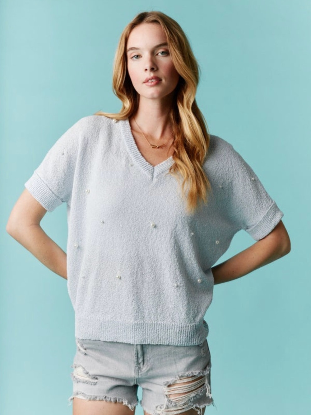 New Light Blue Pearl-Embellished V-Neck Sweater